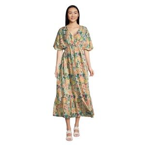 Mira Orange And Teal Watercolor Floral Kaftan Dress